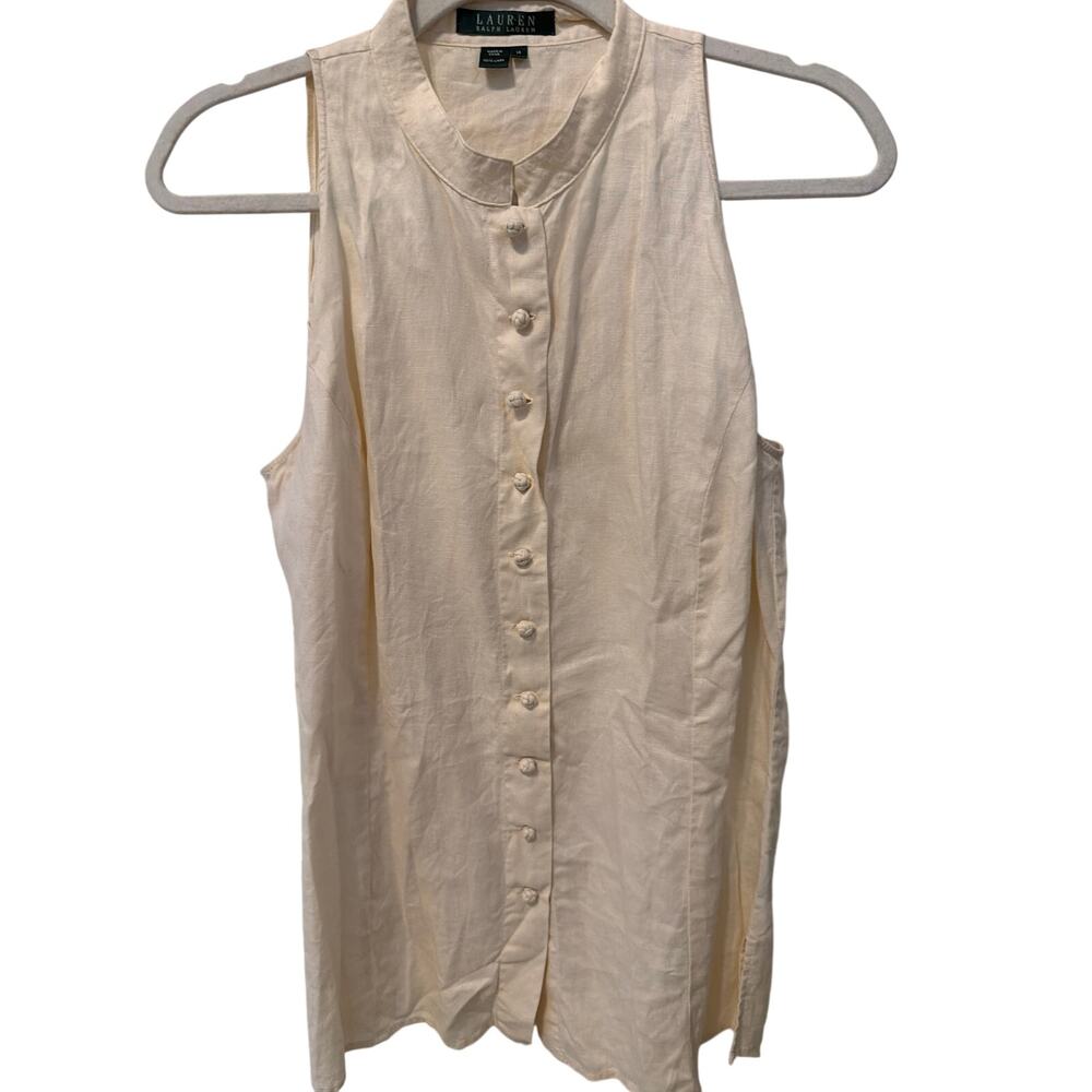 Lauren Ralph Lauren 100% Linen Sleeveless Button Up Blouse Womens Size 14 Cream